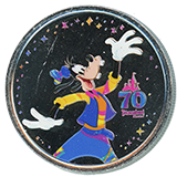 Guide #275 Gone Hollywood medallion, Excited Goofy Colorized Disneyland Resort 70th Anniversary medallion.  Onstage January 8, 2026.