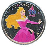 Guide #281 Princess Aurora Colorized Disneyland Resort 70th Anniversary medallion. This medallion machine was designated as Machine #1 (West) of 2, located inside the World of Disney Gift Shop, Downtown Disney, Disneyland Resort, Anaheim, California, USA.  First reported on January 8, 2026.