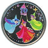 Guide #282 The Three Fairy Godmothers, Flora, Fauna and Merryweather Colorized Disneyland Resort 70th Anniversary medallion. This medallion machine was designated as Machine #1 (West) of 2, located inside the World of Disney Gift Shop, Downtown Disney, Disneyland Resort, Anaheim, California, USA.  First reported on January 8, 2026.