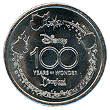 #18-61 reverse, Disneyland Resorts Disney 100 Years of Wonder souvenir medallion reverse image. 