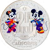 #305 D23 2026 Day At Disneyland Minnie and Mickey Disney California Adventure 25th Anniversary Themed Medallion. Offered by three machines located at Candy Palace aka The Candy Kitchen aka The Penny Arcade in Disneyland park, Kingswell Shop at Disney California Adventure park and near the Monorail in the Downtown Disney District. August 13, 2026. 