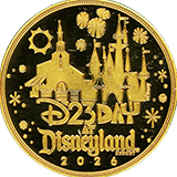 The #306 2026 Day At Disneyland medallion reverse, which has gold colored mirror-like finish with frosted devices, features Carthay Circle Restaurant, Sleeping Beauty Castle, fireworks,  and a banner that reads "D23 DAY AT DISNEYLAND&reg; RESORT  2026".  All four 2026 Day At Disneyland medallions share a similar reverse. However, each has a unique metal finish / color. 8-13-2026