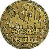 #307 2026 Day At Disneyland  medallion reverse,  has an antique brass colored  finish to accent the devices. It features Carthay Circle Restaurant, Sleeping Beauty Castle, fireworks,  and a banner that reads "D23 DAY AT DISNEYLAND&reg; RESORT  2026".  All four 2026 Day At Disneyland medallions share a similar reverse. However, each has a unique metal finish / color  Offered by three machines located at Candy Palace aka The Candy Kitchen aka The Penny Arcade in Disneyland park, Kingswell Shop at Disney California Adventure park and near the Monorail in the Downtown Disney District, shown above. August 13, 2026.