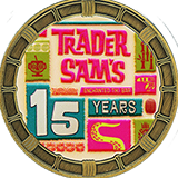 #307 2026 D23 Day At Disneyland Trader Sam's 15 Years Anniversary Medallion.  Offered by three machines located at Candy Palace aka The Candy Kitchen aka The Penny Arcade in Disneyland park, Kingswell Shop at Disney California Adventure park and near the Monorail in the Downtown Disney District. August 13, 2026.
