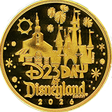 The #308 2026 Day At Disneyland  medallion reverse,  has a gold colored mirror-like finish with frosted devices. It features the Sleeping Beauty Castle, fireworks, and a banner that reads "D23 DAY AT DISNEYLAND&reg; RESORT  2026".  All four 2026 Day At Disneyland medallions share a similar reverse. However, each has a unique metal finish / color.  Offered by three machines located at Candy Palace aka The Candy Kitchen aka The Penny Arcade in Disneyland park, Kingswell Shop at Disney California Adventure park and near the Monorail in the Downtown Disney District, (shown above). August 13, 2026.
