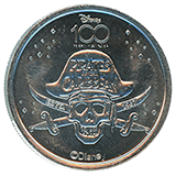 #25, Disneyland Resort's Disney 100 Years of Wonder Souvenir Medallion featuring The Pirates of the Caribbean logo skull and crossed swords.