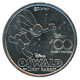 #31, Disneyland Resort's Disney 100 Years of Wonder Souvenir Medallion featuring Oswald the LUCKY RABBIT.