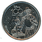 #33, Disneyland Resort's Disney 100 Years of Wonder Souvenir Medallion featuring Walt and Mickey as Storytellers. 