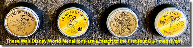 Walt Disney World Medallion Vending Machine Buttons. Pirate Mickey "I never Surrender", Pirate Minnie "I've Got Pirate Swagger", Pirate Skeleton, Pluto "Here Comes Trouble"