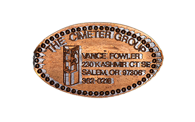 Pressed Coin Business Card, later version: THE CIMETER GROUP, VANCE FOWLER, 230 Kashmir CT SE, Salem, OR 97306, 362-0218 Image courtesy of Oregon Elongates.