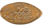 DL0410 RETIRED Dopey lying down smashed penny or elongated coin image. 
