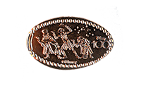 DL0760 Vending Style Penny Press Machine Disney 100 Years of Wonder Hitchhiking Ghosts, Ezra, Gus and Phineas horizontal elongated coin.