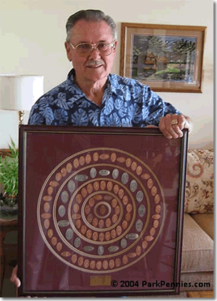 Bill Hogarth Holds a Cast Member Retirement Collection of pressed pennies and elongated coins