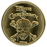 #2 & #4 reverse, Medallion Vending Machine Bright Brass Medallion Reverse "Pirates of the Caribbean" with skull and cross bones.