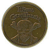#1 & #3 reverse, Example of Medallion Machine Antique Brass Medallion Reverse "Pirates of the Caribbean" with skull and cross bones.